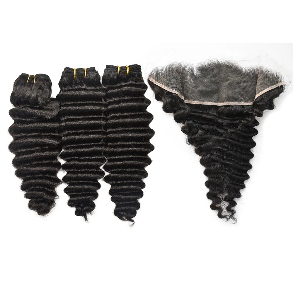 Deep Wave Hair 3 Bundles With 13x4 HD Lace Frontal High Quality Virgin Hair