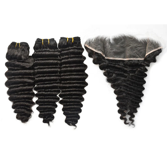 Deep Wave Hair 3 Bundles With 13x4 HD Lace Frontal High Quality Virgin Hair