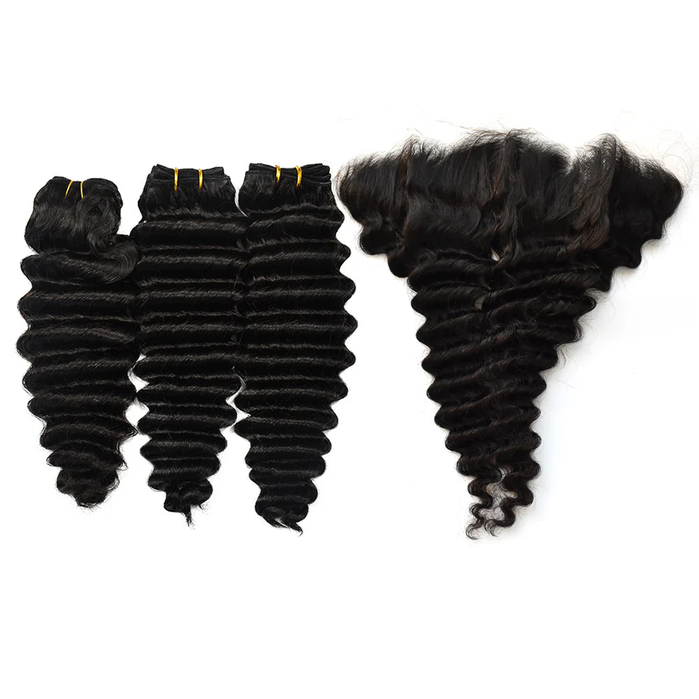 Deep Wave Hair 3 Bundles With 13x6 HD Lace Frontal High Quality Virgin Hair