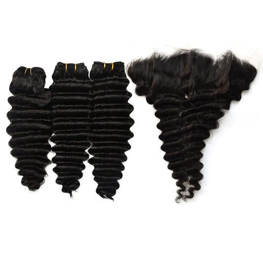 Deep Wave Hair 3 Bundles With 13x6 HD Lace Frontal High Quality Virgin Hair