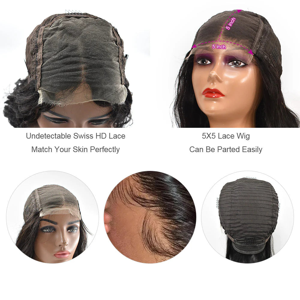 Pretty Fyne Hair Body Wave 5x5 HD Lace Closure Wigs Human Hair Wig